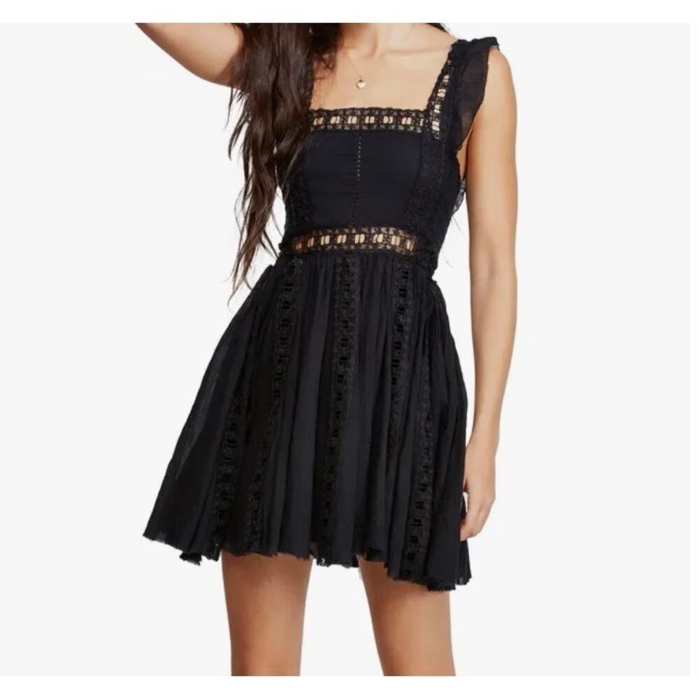 Free People Dress XS Verona Lace Trim Mini Black Square Neck Flare Gauzy Cotton - Picture 11 of 16
